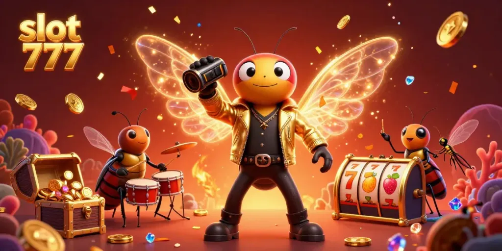Putaran slot 777 yang meriah dengan karakter kartun cicada, drummer beetle, dan koin emas terbang.