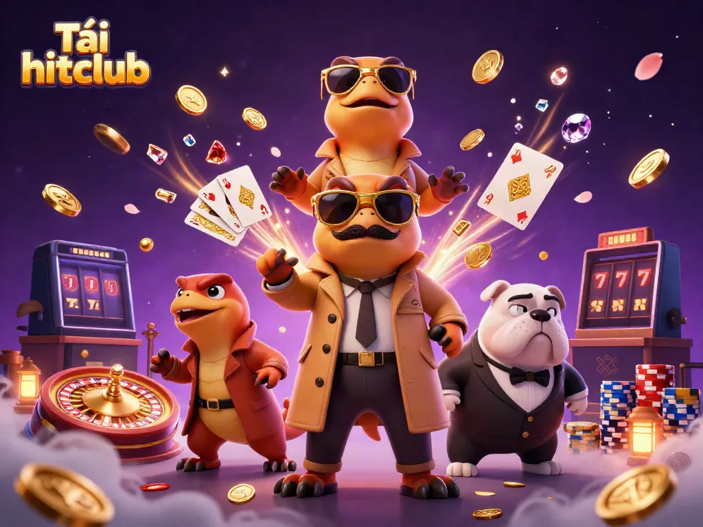 Experience Tải hitclub with raptors in a trench coat entering a casino, surrounded by gold coins and cards.