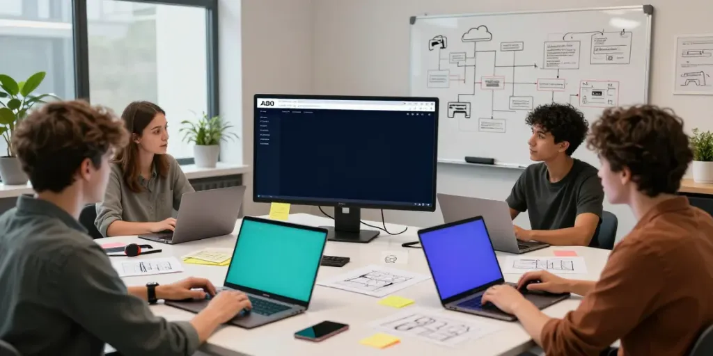 A80 website team collaboration in a modern tech workspace, featuring brainstorming on display.