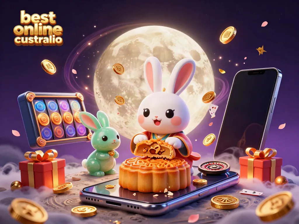 Experience the excitement at the best online casino Australia with a moon rabbit and gaming elements.