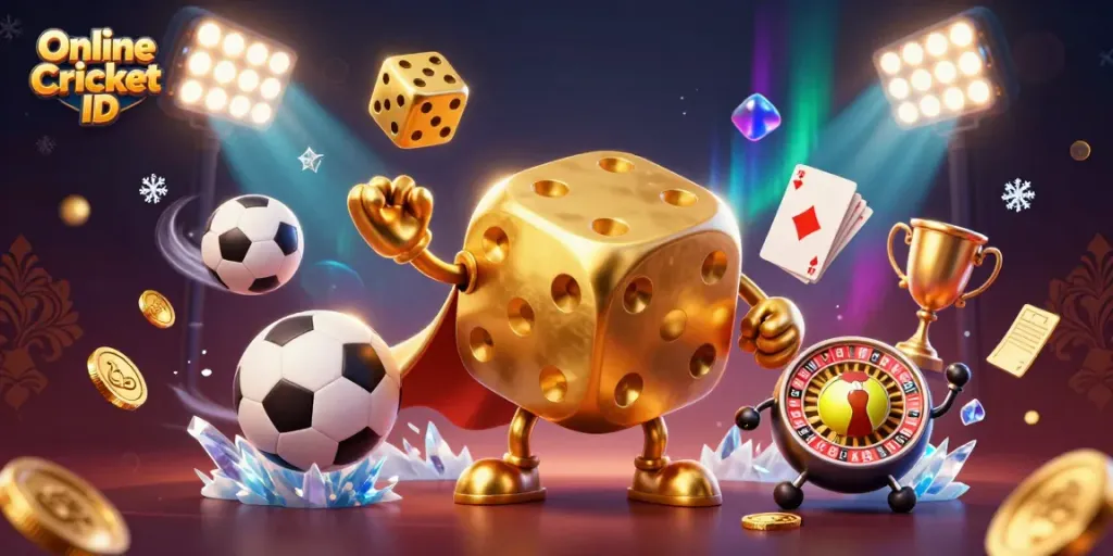 Experience Online Cricket ID with vibrant sports betting elements and dynamic golden characters.