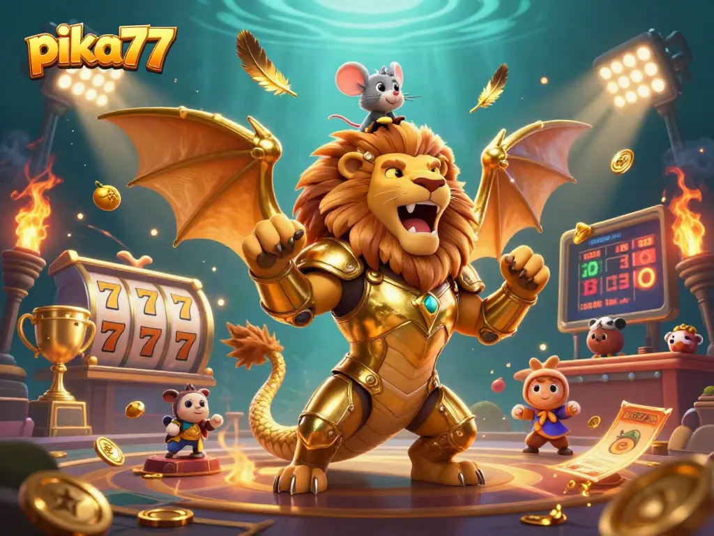 Experience the excitement of pika77 gaming with vibrant 3D casino illustrations filled with dynamic action elements.