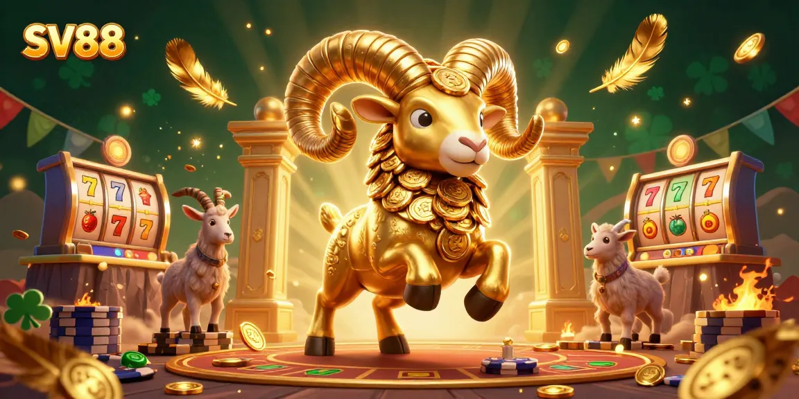 SV88 casino illustration featuring a golden ram charged at a jackpot while surrounded by coins and gaming elements.