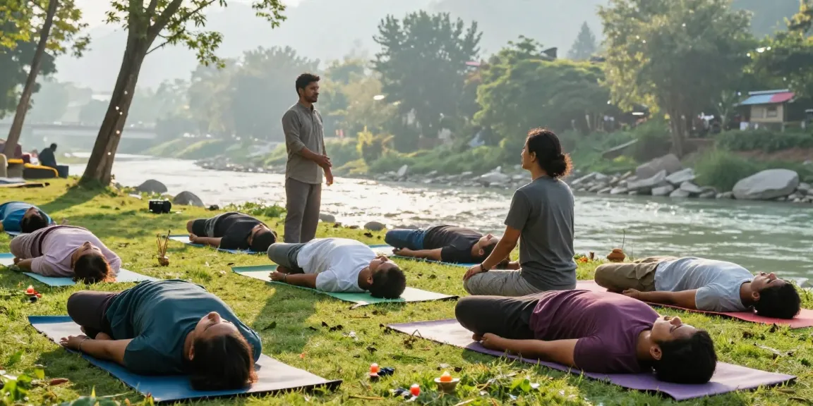 Best yoga teacher training in Rishikesh India, students practicing yoga poses in serene Himalayan surroundings.