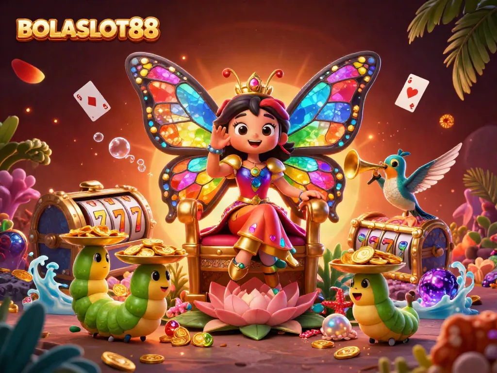 Engage with BOLASLOT88 through this vibrant 3D illustration, featuring a butterfly queen amidst dynamic casino elements.