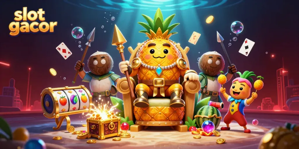 Engage with vibrant slot gacor gameplay, featuring a pineapple king and dynamic casino elements.