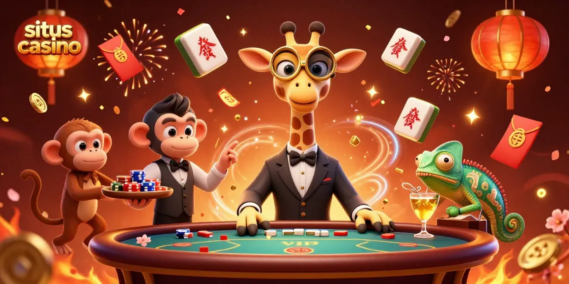 Engage with the in-action scene at a situs casino featuring vibrant characters and festive gaming elements.