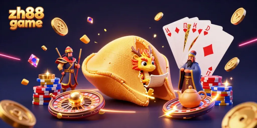 Engage with the zh88 game as a wise dragon reveals fortunes inside a golden cookie, surrounded by dynamic casino elements.