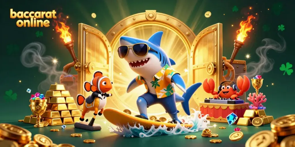 Engage in exhilarating baccarat online with lively characters amidst gold coins and treasures.