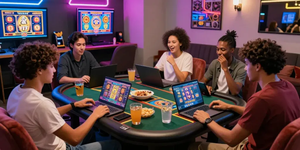 Friends enjoying a lively session of slot777 games online, surrounded by colorful screens and snacks.