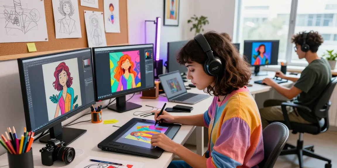 Engaging creative workspace showcasing diverse artists using nsfw ai technology for adult-themed illustrations.