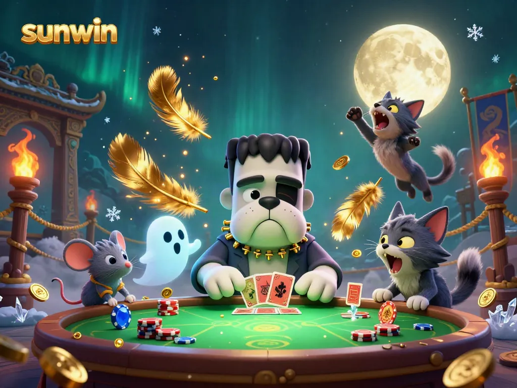 Experience thrilling gameplay with sunwin featuring a Frankenstein bulldog dealer and exciting casino elements.