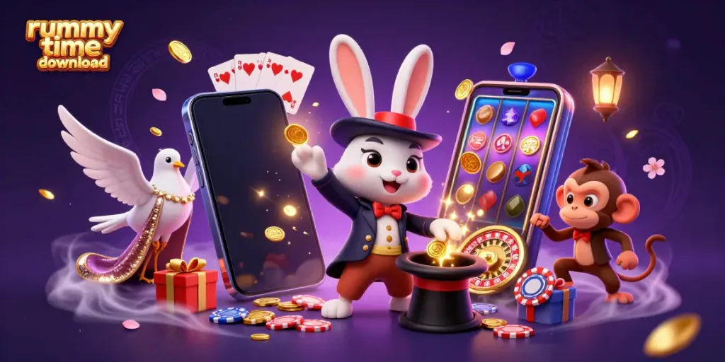 Experience the fun of rummy time download with a magical illustration of casino elements.