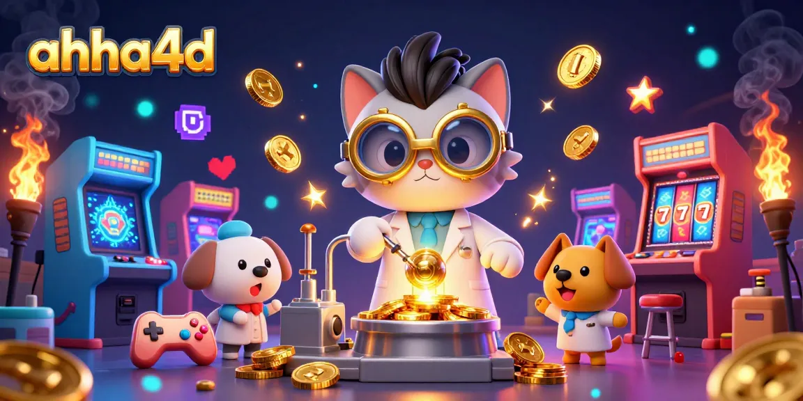 Aksi bermain slot online di ahha4d dengan kucing ilmuwan dan anjing pembantu di latar belakang lab yang menyala.