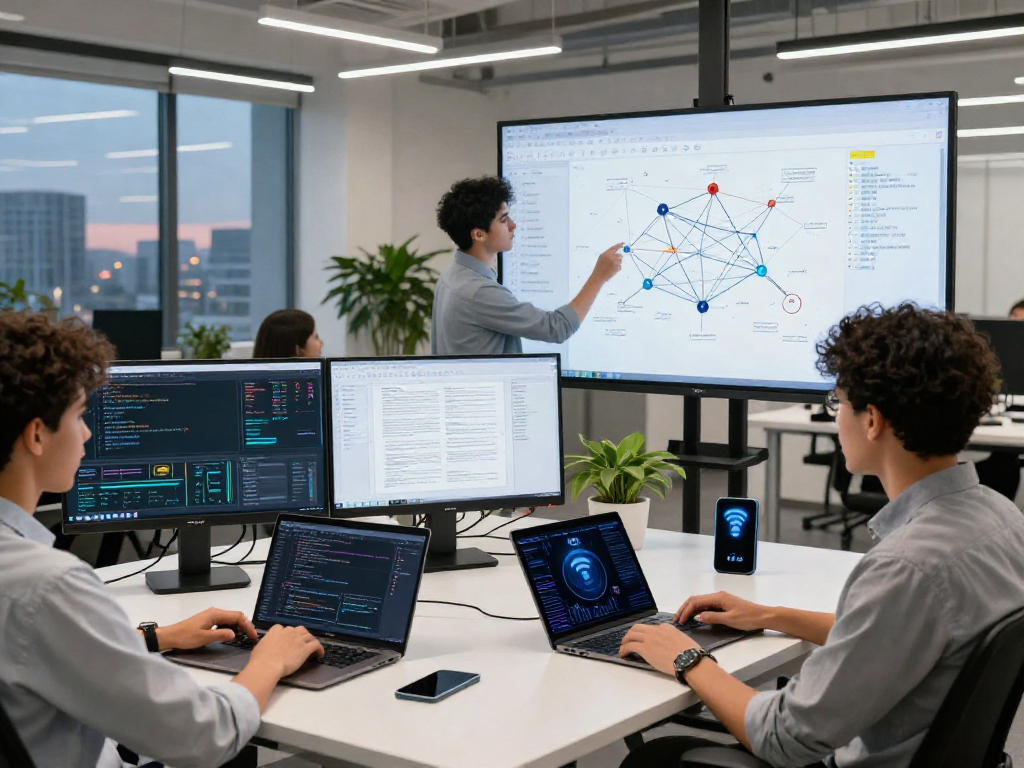 Sesi kolaborasi pengembang tentang wifi4d, menunjukkan diagram jaringan, laptop, dan alat pintar dalam suasana kantor modern.
