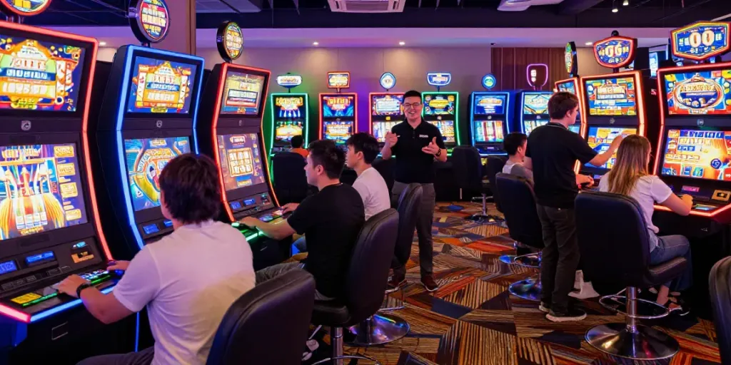 Players enjoying modern slot machines in a bustling casino atmosphere