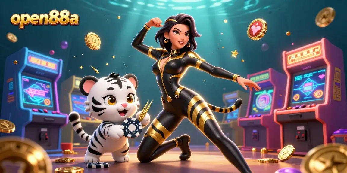 Play exciting games at open88a with a striking woman, stunning tiger, and vibrant casino elements.