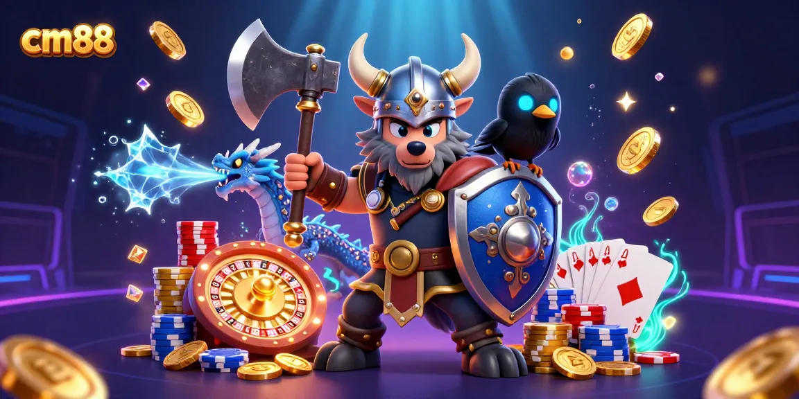 Spin and win at cm88 with a thrilling 3D scene featuring a Viking warrior, dragon, and casino elements
