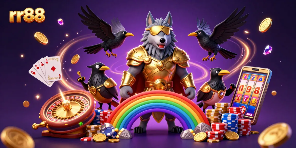 Engage with rr88's vibrant gaming world featuring a golden Odin wolf and dynamic casino elements.