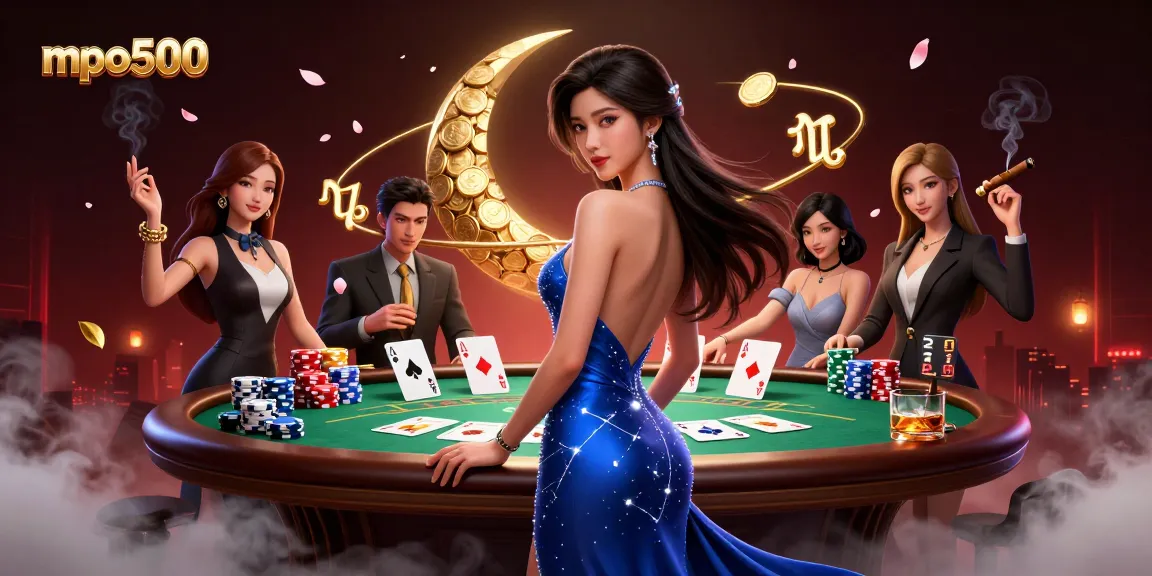 Experience the thrill with mpo500 at this vibrant casino illustration featuring poker elements.