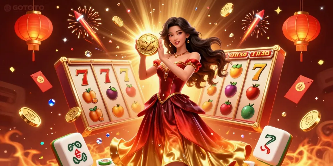 Rasakan sensasi permainan slot GOTOTO dengan ilustrasi menakjubkan dari momen kemenangan dan elemen kasino yang cerah.