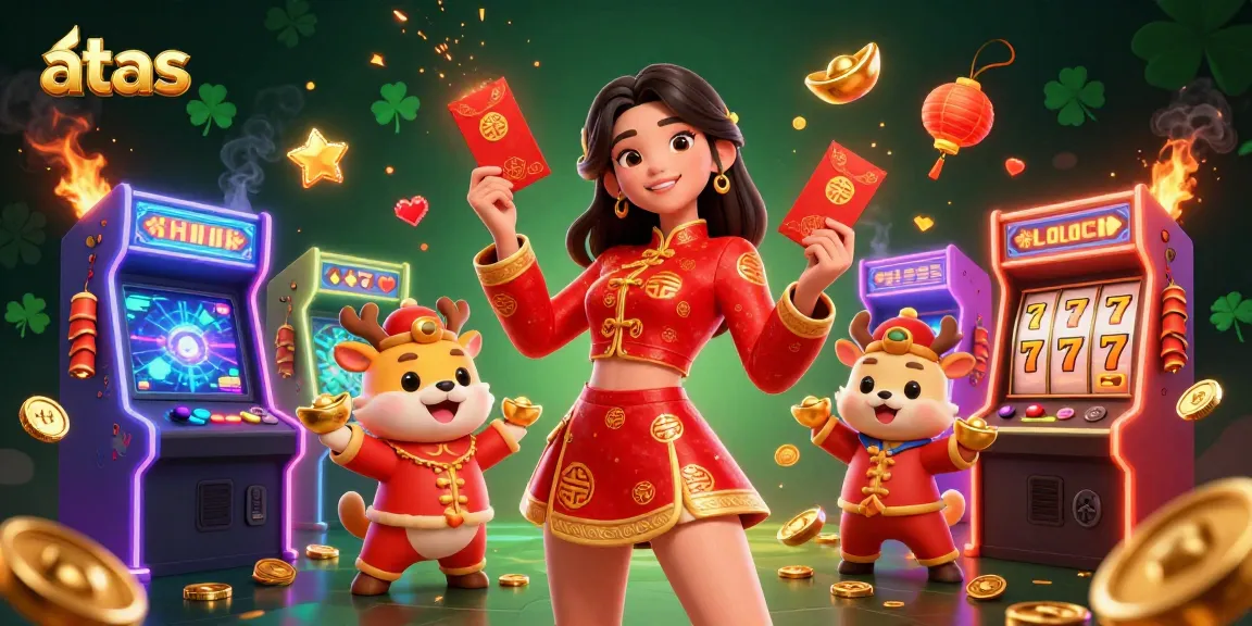 Experience winning at the atas casino with festive characters amidst vibrant game elements and rich detail.