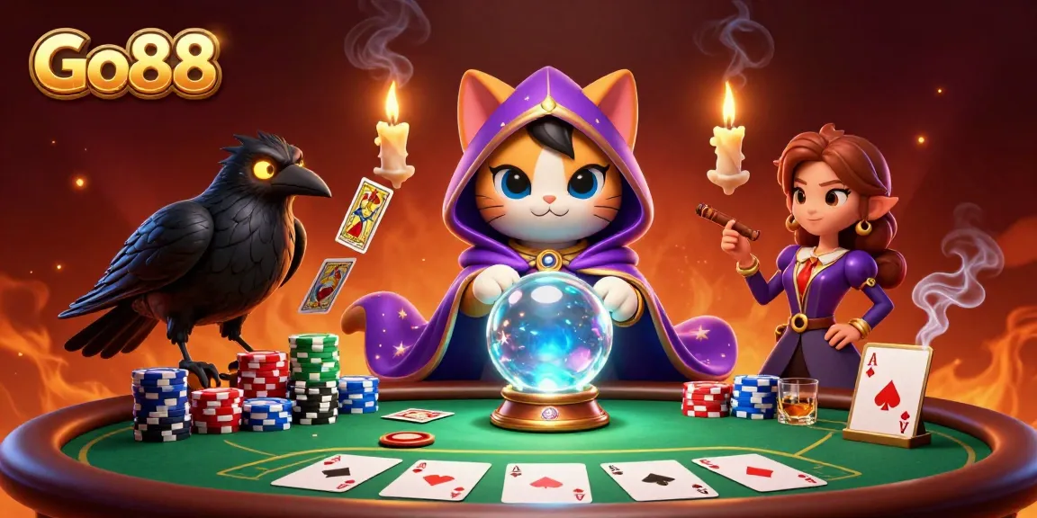 Engage with thrilling Go88 casino action featuring a mystical scene with tarot cards, poker chips, and enchanting characters.