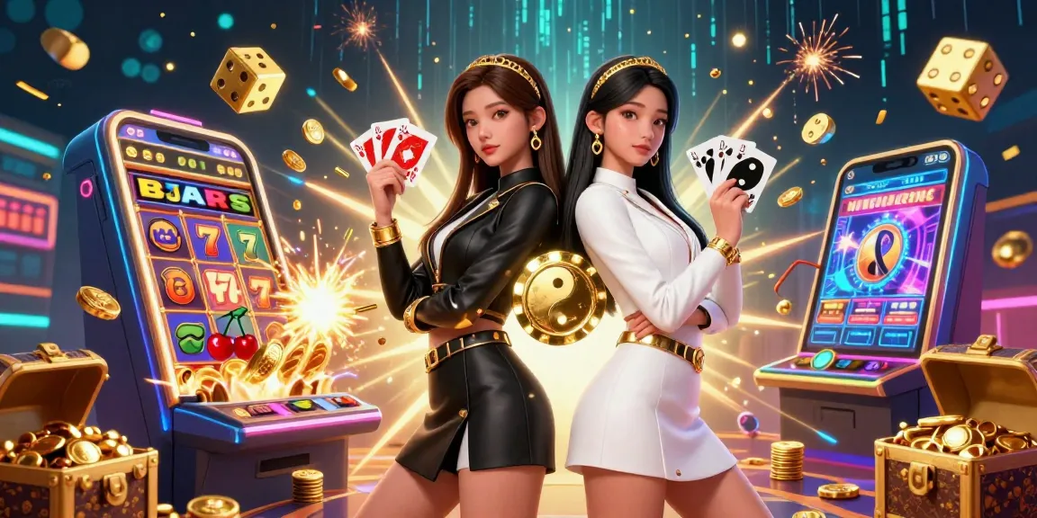Play exciting games at yo88go with stunning visuals of twin Asian women in a dynamic casino scene.