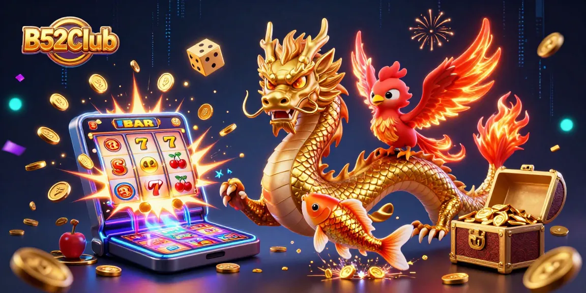 B52Club invites players into a dynamic online gaming experience with its lucky dragon, phoenix, and koi amidst a burst of slot game excitement.