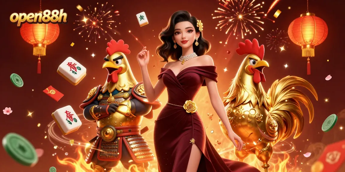 Engage in thrilling casino games at open88h with a glamorous woman and samurai rooster amid festive elements.