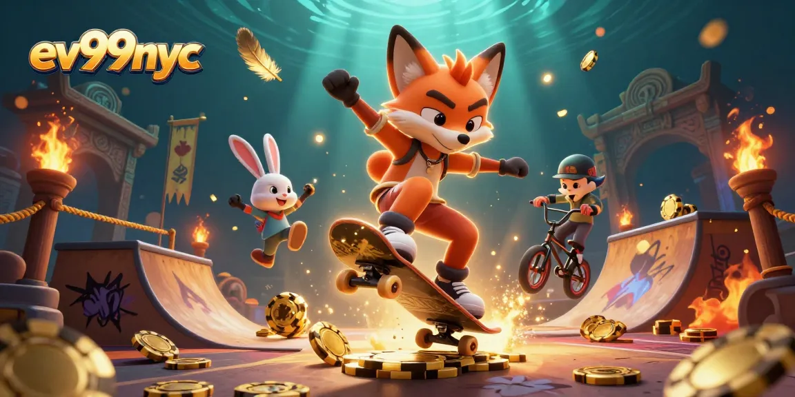 Experience the excitement at ev99nyc, featuring a skateboarder fox and BMX rabbit in a vibrant casino world.