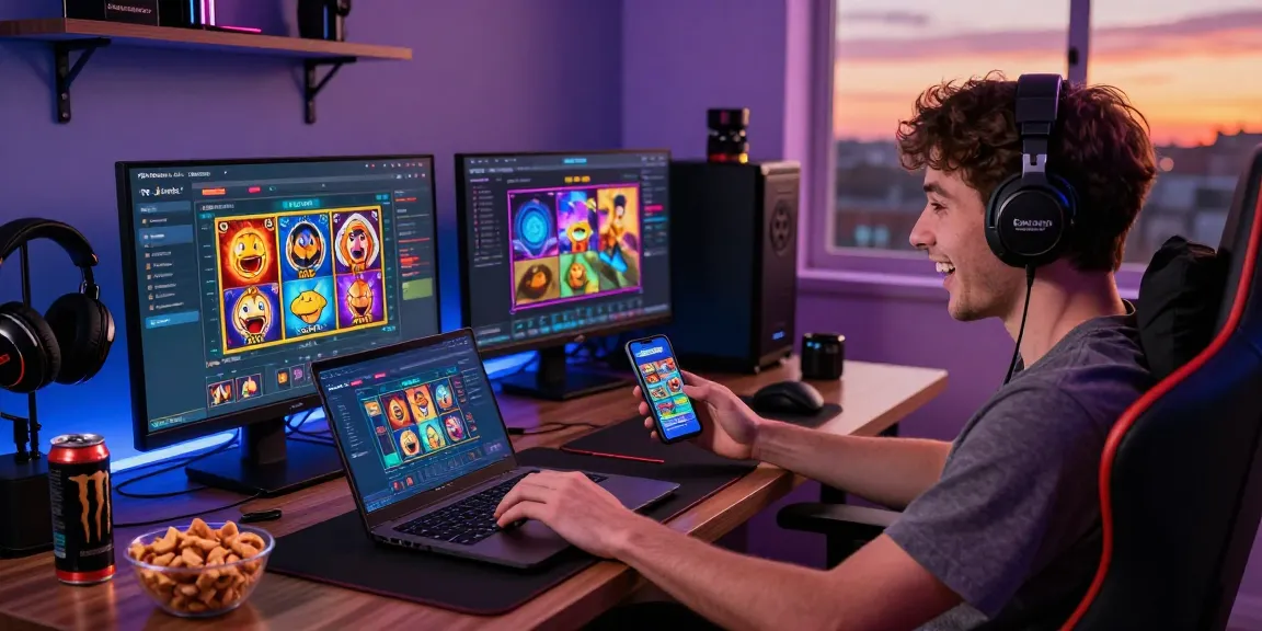 Pajaktoto online gaming scene with a player engaged on laptop and smartphone in a vibrant, immersive space.