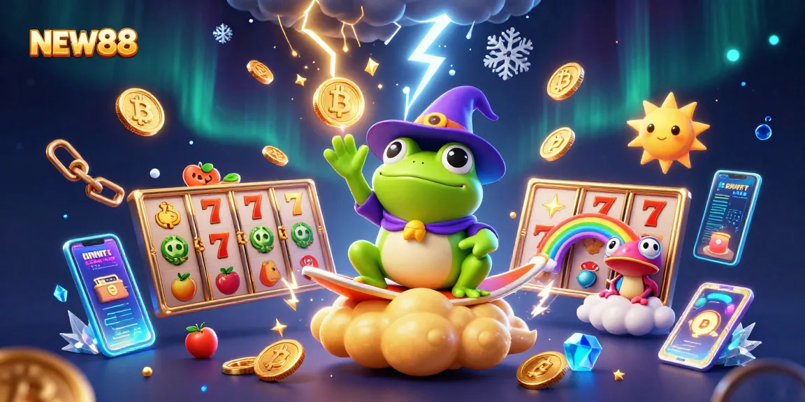 NEW88 promotes thrilling slot experiences, featuring vibrant characters creating a gold-storm.