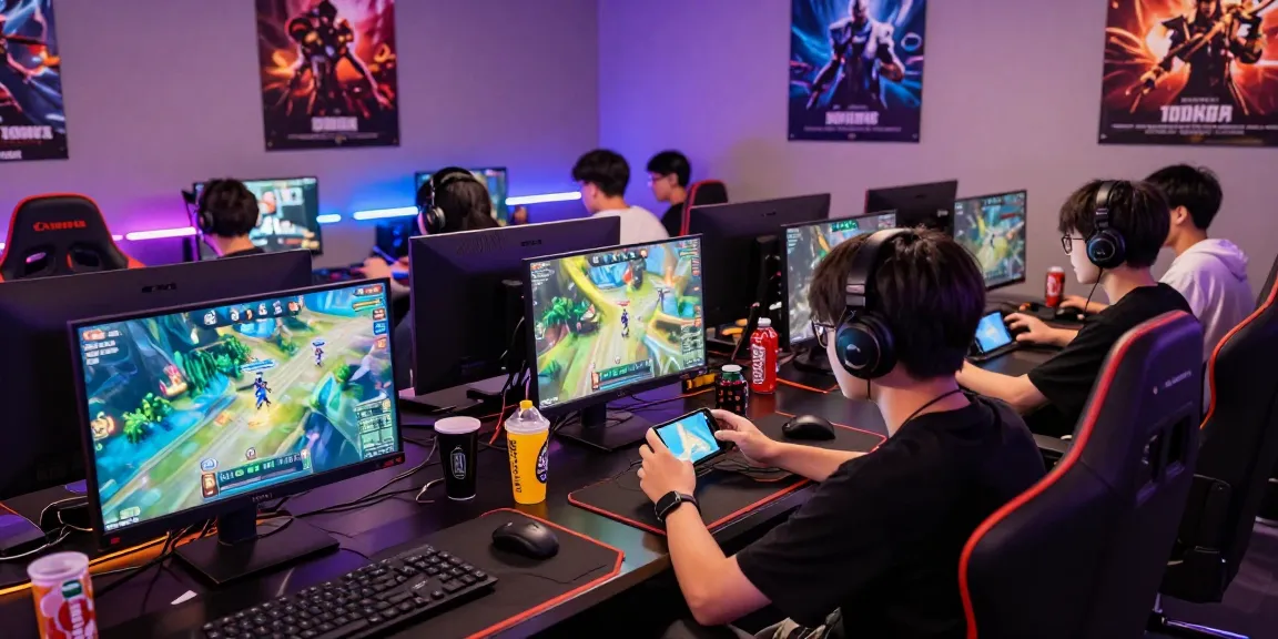 Players enjoying game bài đổi thưởng in a vibrant online gaming atmosphere with laptops and snacks.