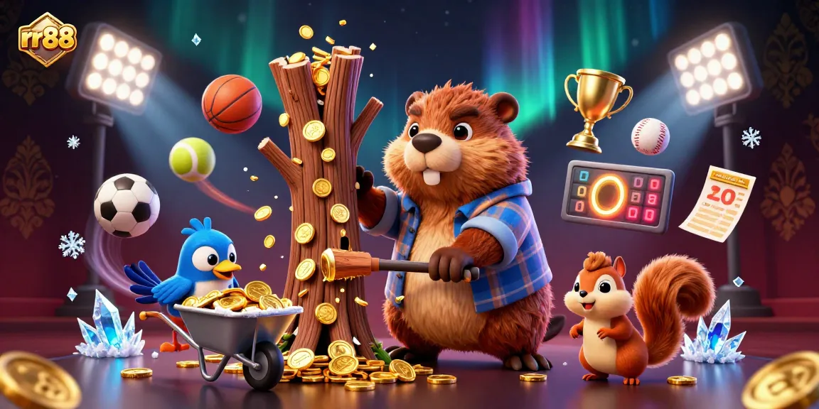 Collect coins with rr88 in this engaging 3D casino scene featuring a beaver and friends enjoying a vibrant betting atmosphere.