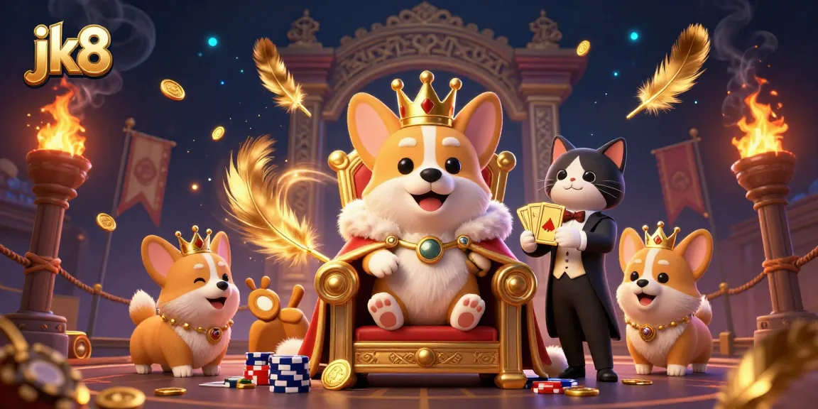 Engage in thrilling gameplay at jk8 with a royal corgi and golden card deck surrounded by vibrant casino elements.
