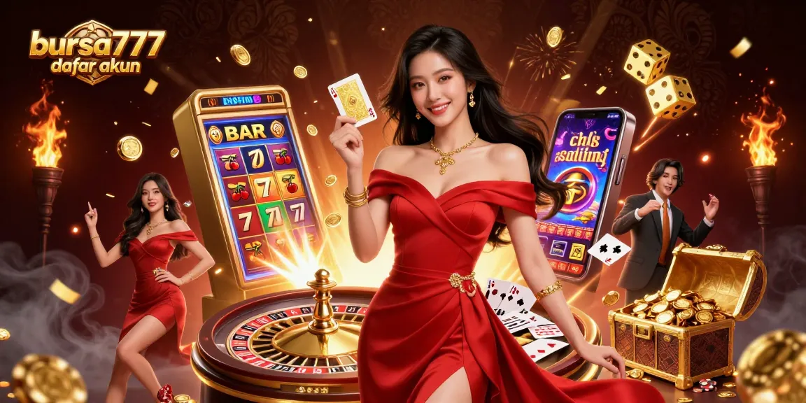 Play at Bursa777 daftar akun and win big with this vibrant casino scene showcasing slots, roulette, and jackpots.