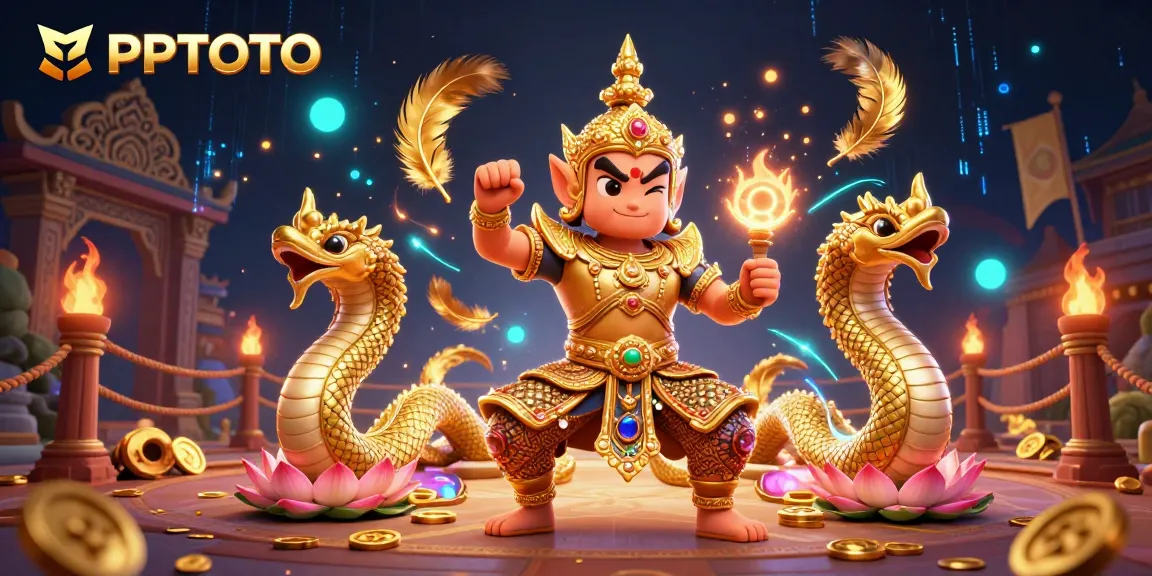 PPTOTO menampilkan pemandangan yang hidup dengan penjaga kuil, ular Naga, dan elemen kasino emas.