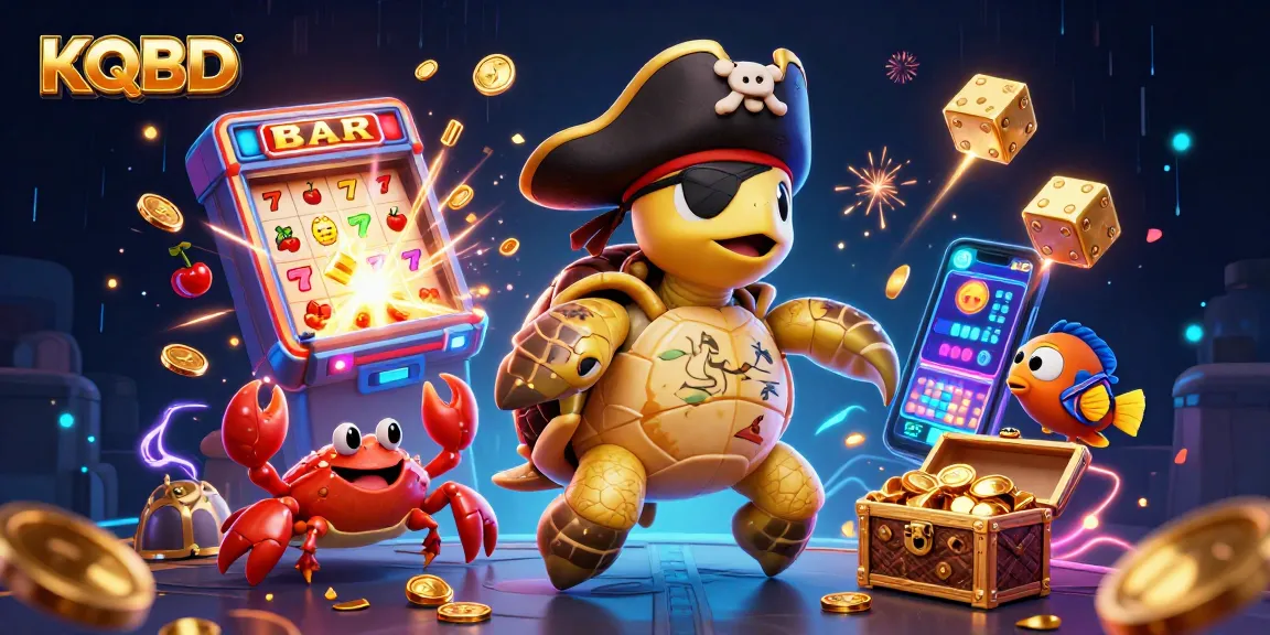 KQBD showcases thrilling casino action with a pirate turtle and vibrant game elements.