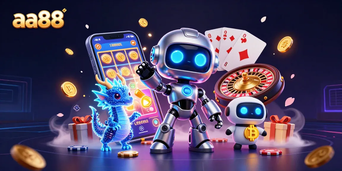 Engage in thrilling gaming adventures at aa88 with a cyberpunk robot and virtual slot games.