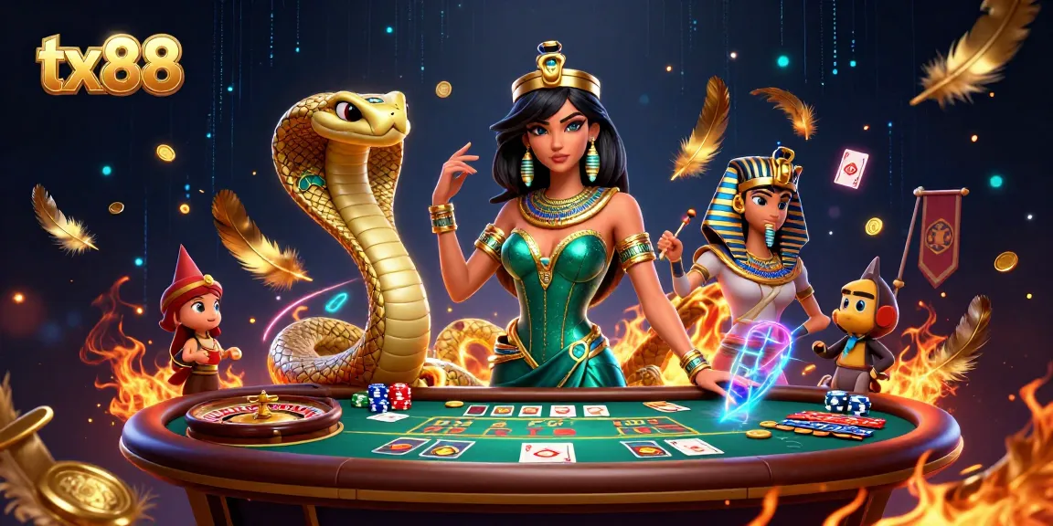 Experience thrilling gambling action with tx88's captivating casino scene featuring a sophisticated player and a cobra.
