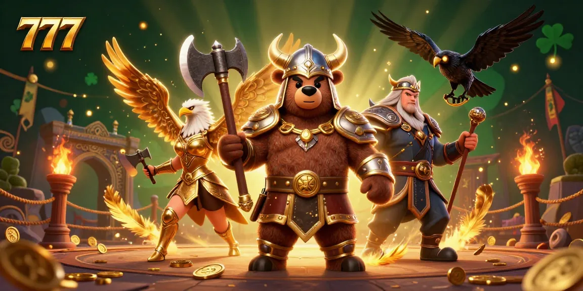 Engage with 777 thrilling bets in a fantasy casino scene featuring a Viking bear and Valkyrie eagle.