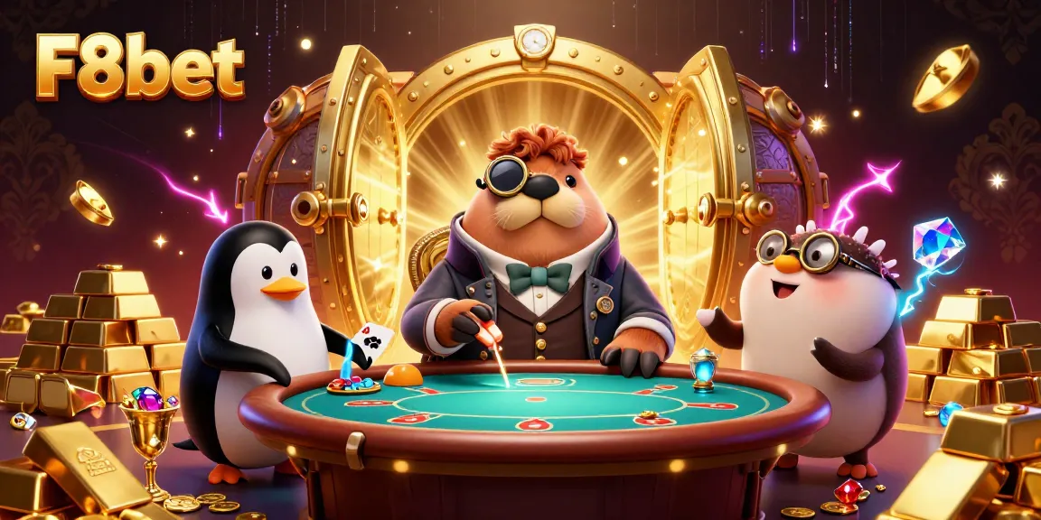 F8bet players enjoy poker at an underwater casino, surrounded by gold treasures and vibrant gems.