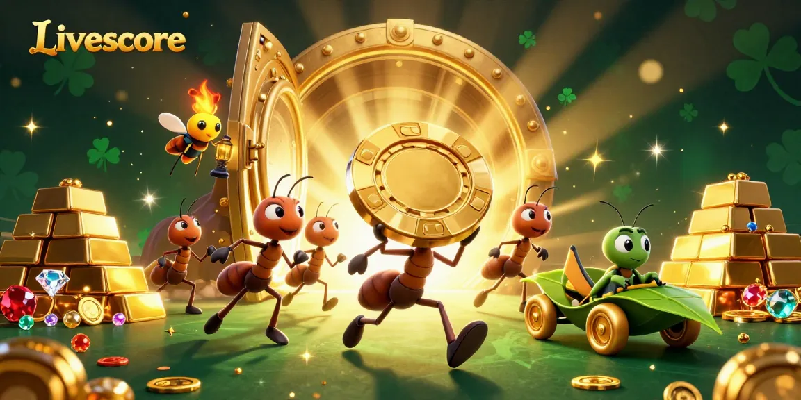 Engaging Livescore scene depicting ants carrying a giant poker chip, highlighting dynamic gambling action.