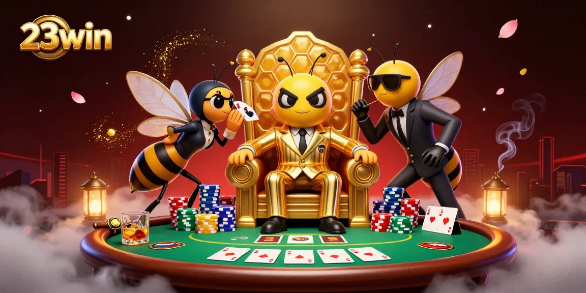 Experience the thrill of betting with 23win in a rich casino scene featuring poker elements.