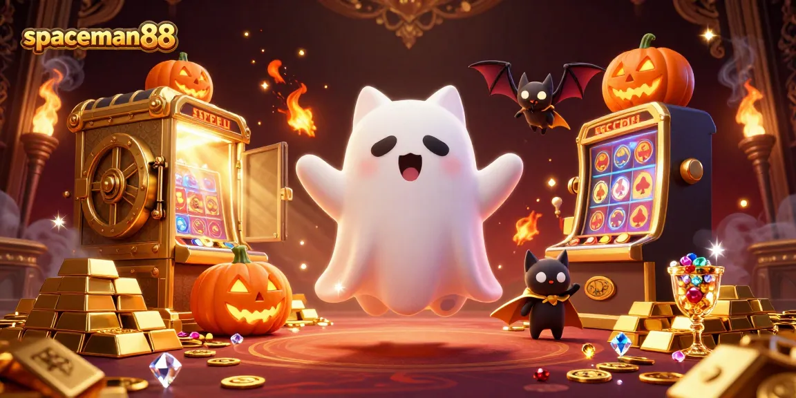 Experience spaceman88 thrills with a ghost cat and glowing jack-o-lanterns in an opulent casino.
