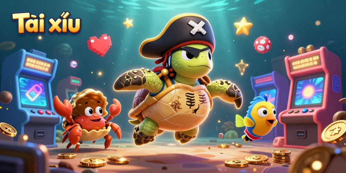 Play Tài xỉu with excitement as a colorful pirate turtle explores treasures in a vibrant casino.