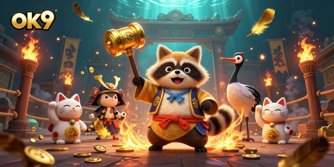 Play to win at ok9 in this vibrant 3D illustration with luck-bringing characters and dynamic casino elements.