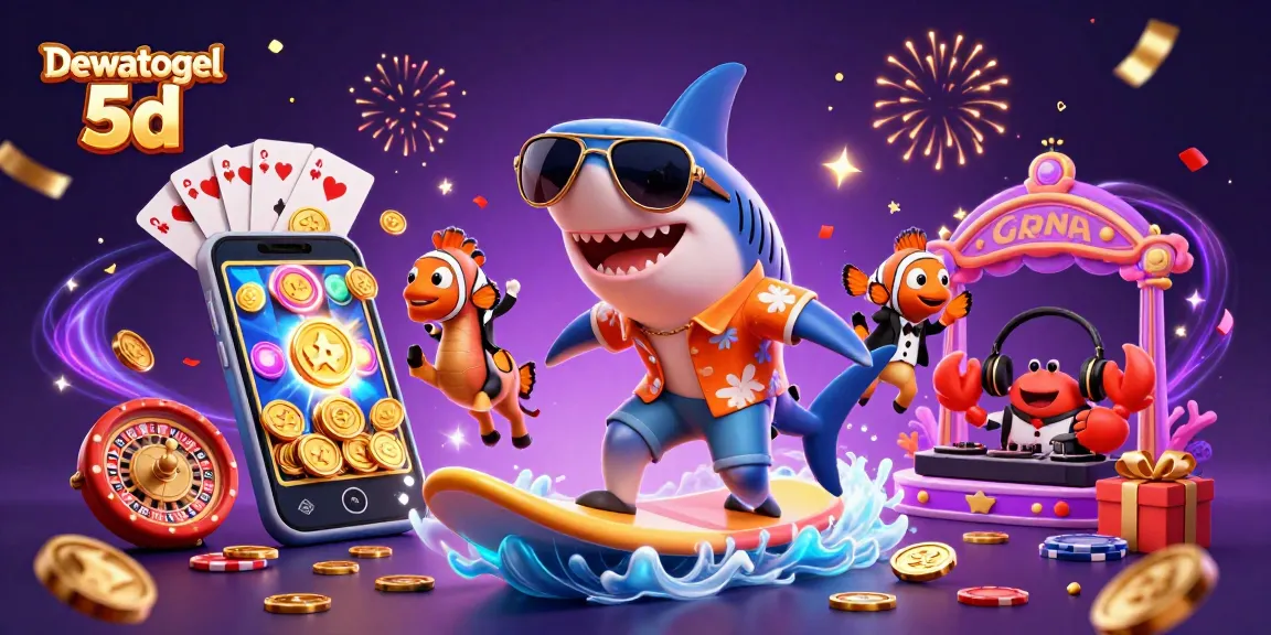 Dewatogel 5d showcases a vibrant, engaging illustration with a shark surfing coins, enhancing online gambling excitement.