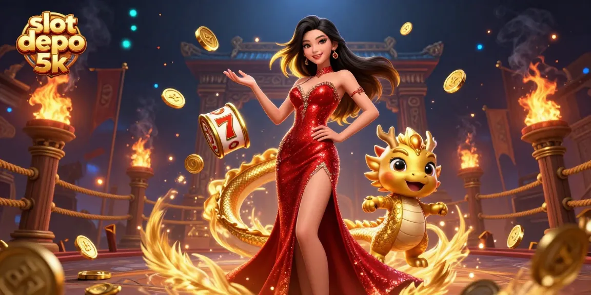 Experience the excitement of slot depo 5k with floating reels and a welcoming Asian character amidst dynamic elements.